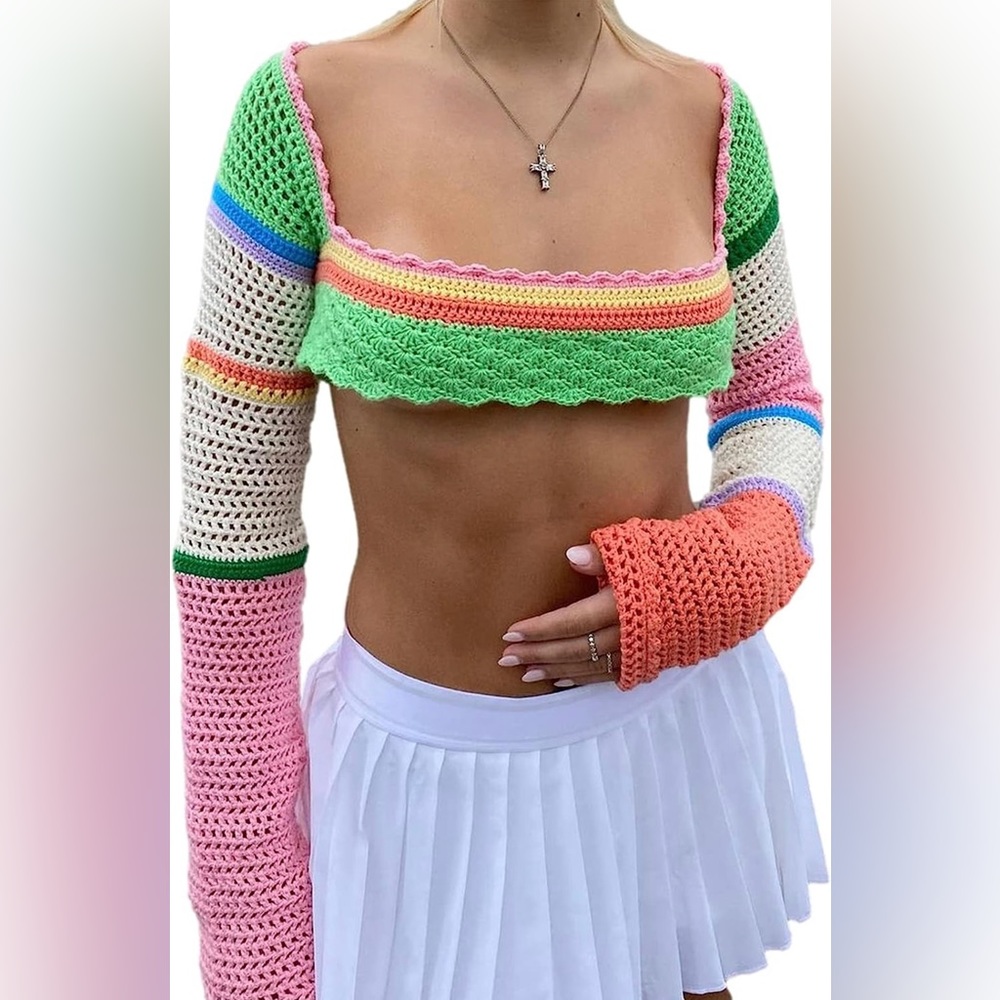 Crochet y2k colorful long sleeve crop top BRAND NEW medium - Picture 2 of 6